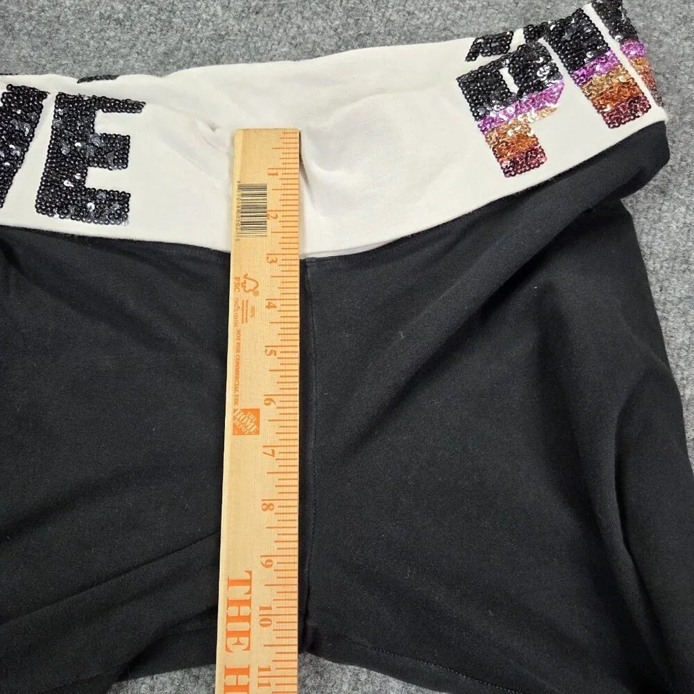 Victoria Secret PINK LOVE Black Yoga Cropped Fold Over Pants Sequins Large‎ Y2k